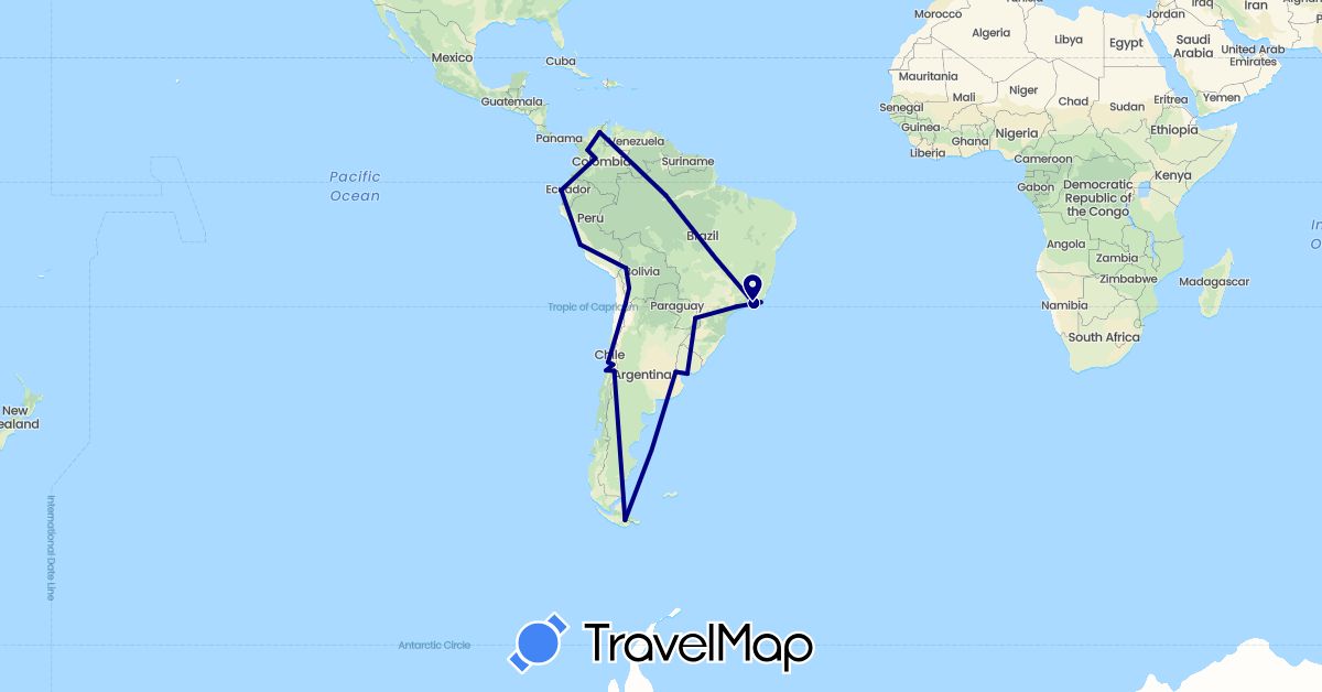 TravelMap itinerary: driving in Argentina, Bolivia, Brazil, Chile, Colombia, Ecuador, Peru, Paraguay, Uruguay (South America)